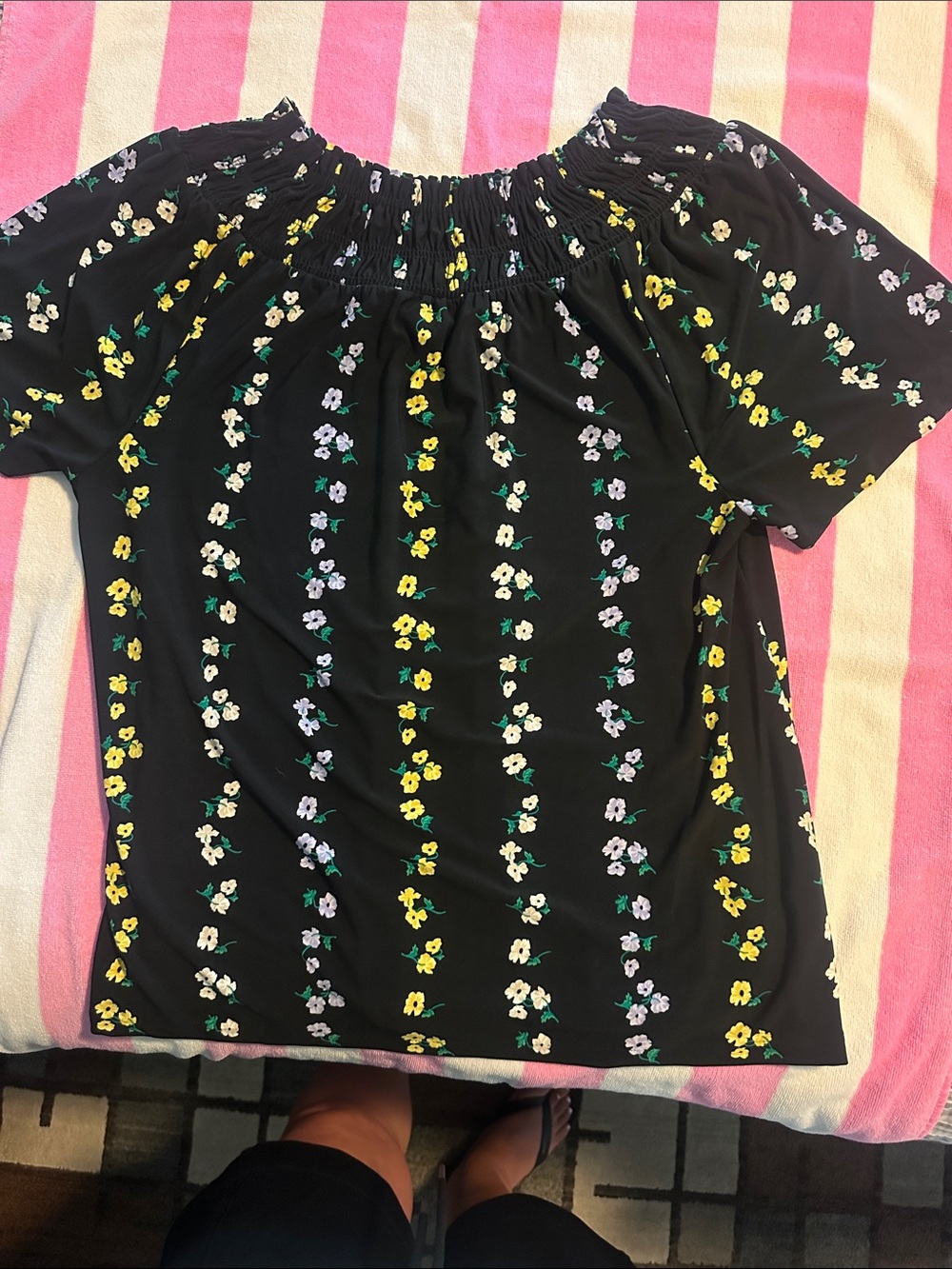 Ann Taylor Black Floral Smocked Off-Shoulder Top